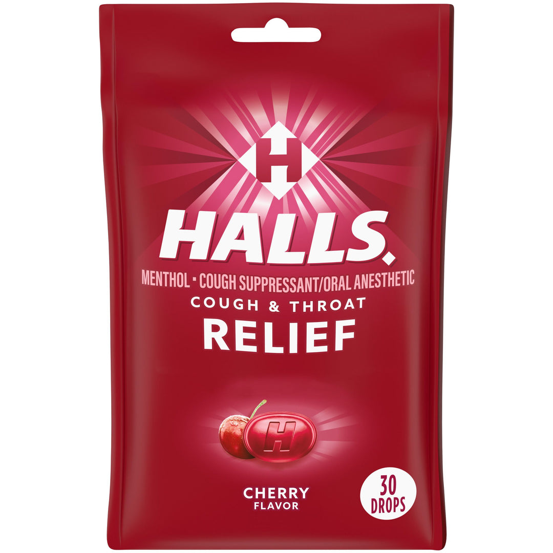 Halls Bag Cherry Cough Drops-30 Count-12/Box-4/Case