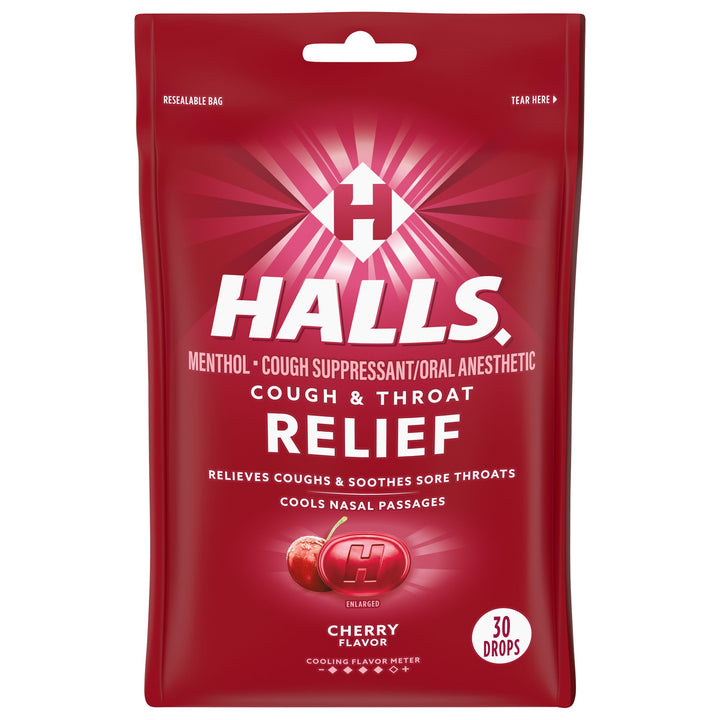Halls Bag Cherry Cough Drops-30 Count-12/Box-4/Case