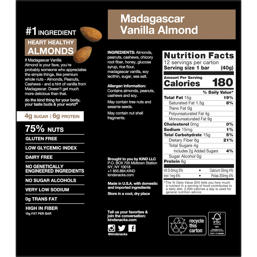 Kind Healthy Snacks Bar Madagascar Vanilla Almond Bar 1.4 oz.- 12/Pack- 6 Packs/Case-1.4 oz.-12/Box-6/Case