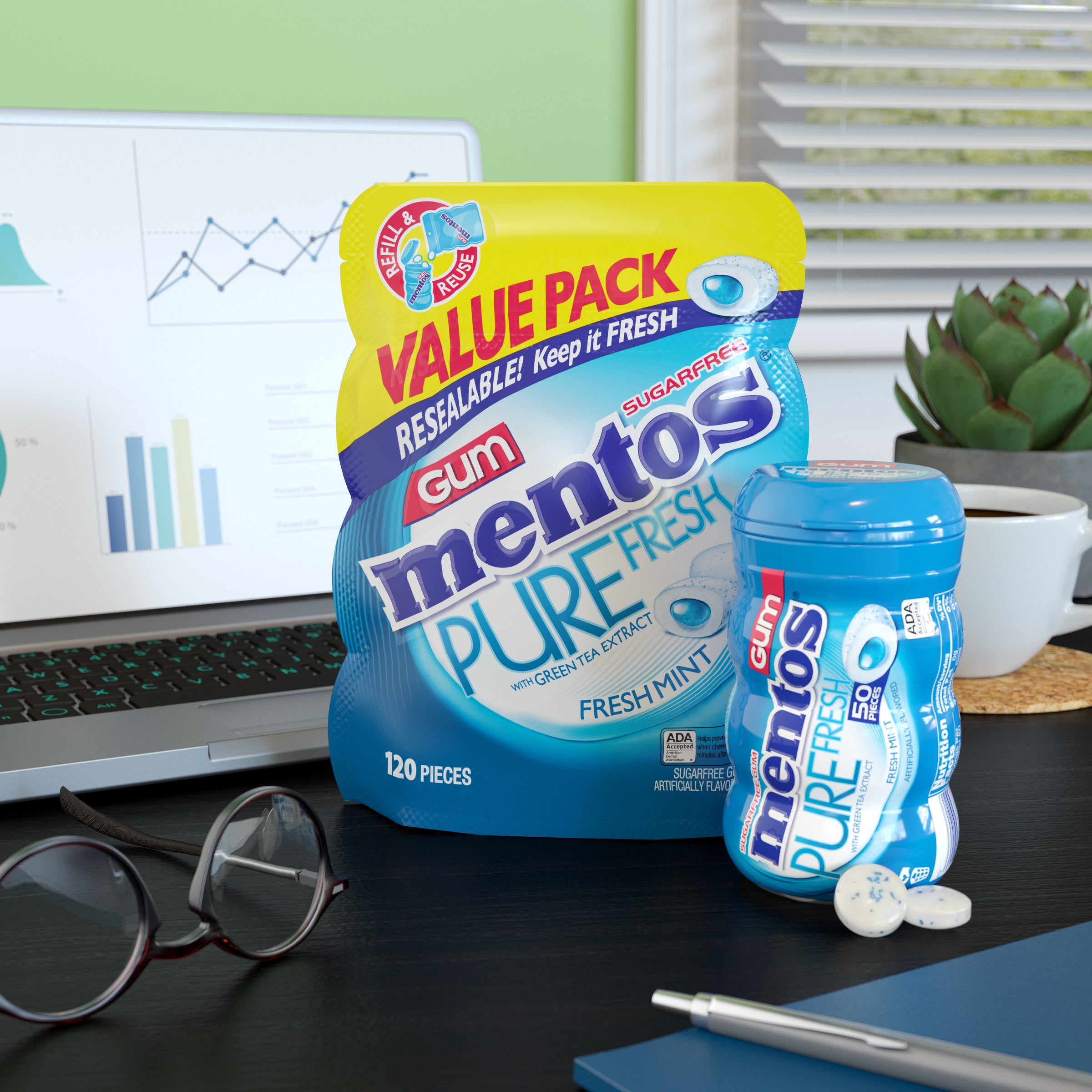Mentos Gum Fresh Mint Pouch-120 Piece-6/Case MPN# 63851 – Round