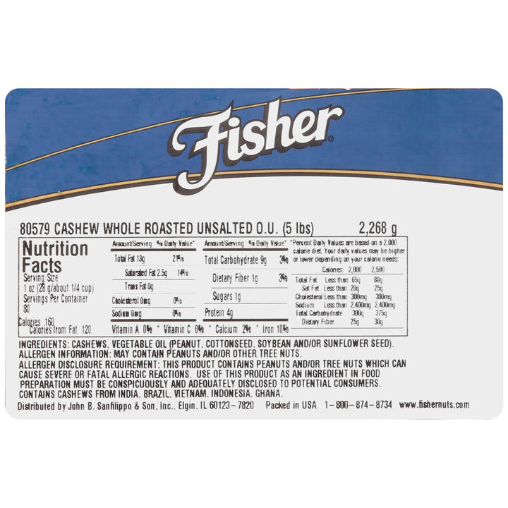 Fisher Whole Cashew Roasted No Salt-80 oz.-1/Case