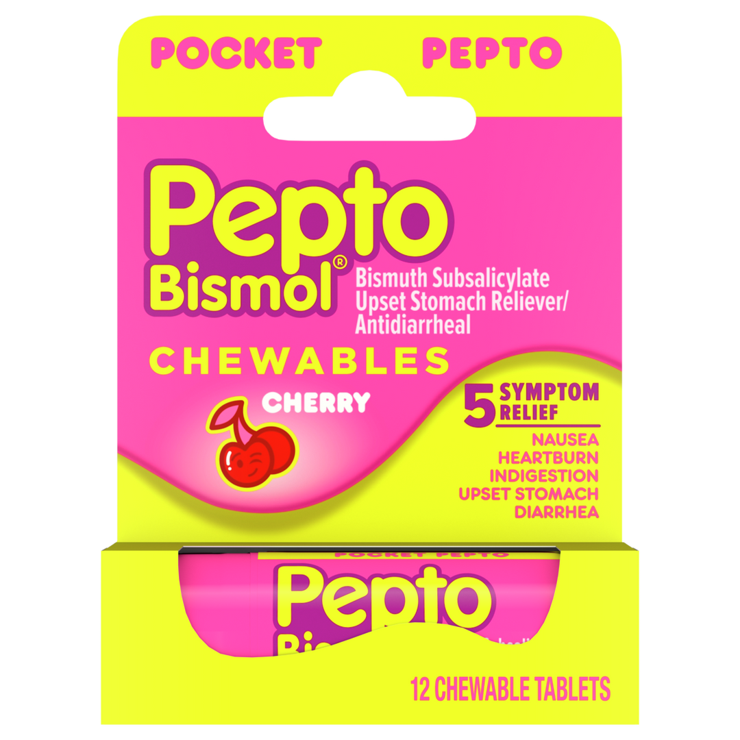 Pepto Multi-Symptom Upset Stomach To Go Cherry Chewable Tablets-12 Count-6/Box-4/Case