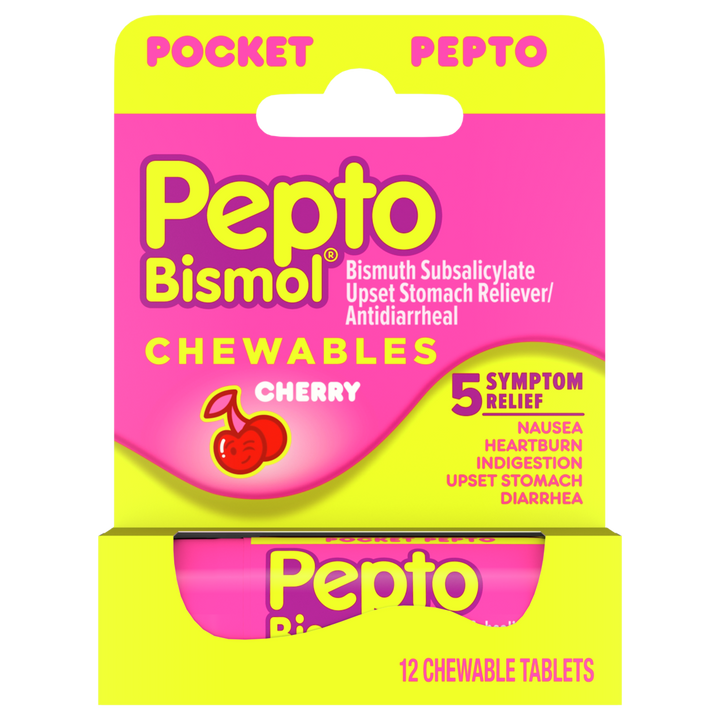 Pepto Multi-Symptom Upset Stomach To Go Cherry Chewable Tablets-12 Count-6/Box-4/Case