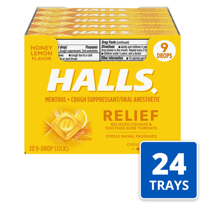 Halls Stick Honey Lemon Cough Drops-9 Count-20/Box-24/Case