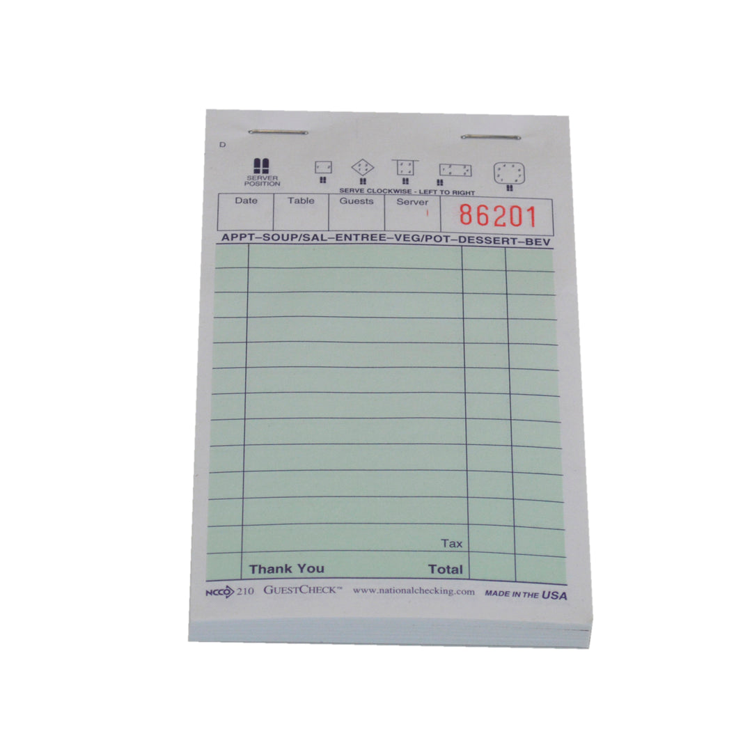 National Checking 3.5 Inch X 5.5 Inch 1 Part Green 13 Line Guest Check-100/Book-10000 Each-1/Case