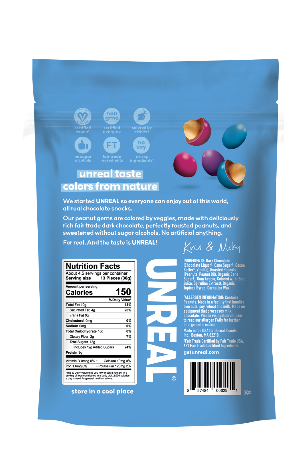 Unreal Candy Candy Coated Dark Chocolate Peanuts Bag-5 oz.-6/Case