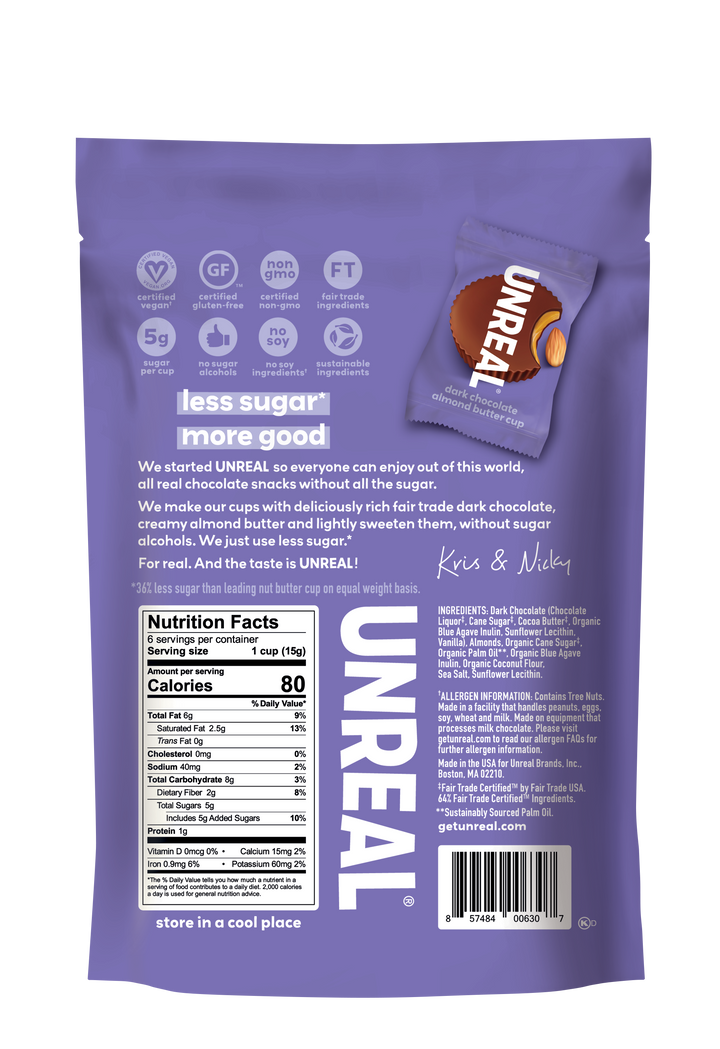Unreal Candy Dark Chocolate Almond Butter Cups Bag-3 oz.-6/Case