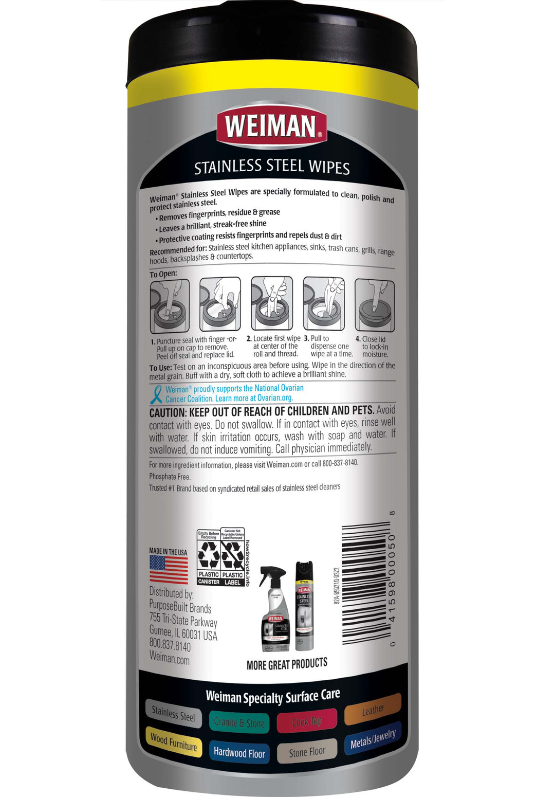 Weiman Stainless Steel Wipes-30 Count-4/Case