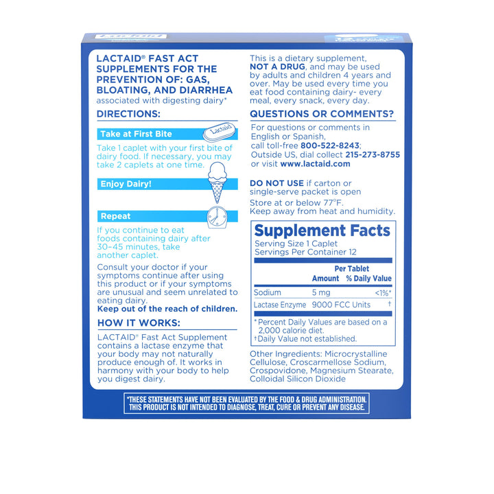 Lactaid Fast Action Caplets-12 Count-3/Box-12/Case