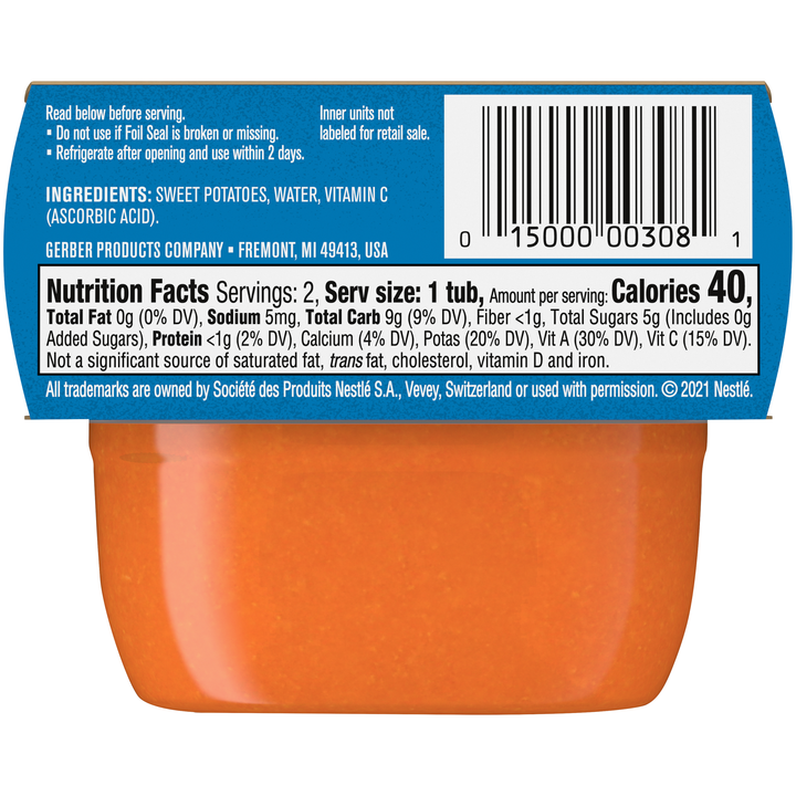 Gerber Natural For Baby Non-Gmo Sweet Potato Puree Baby Food Tub-2X 2 Oz Tubs-4 oz.-4/Box-2/Case