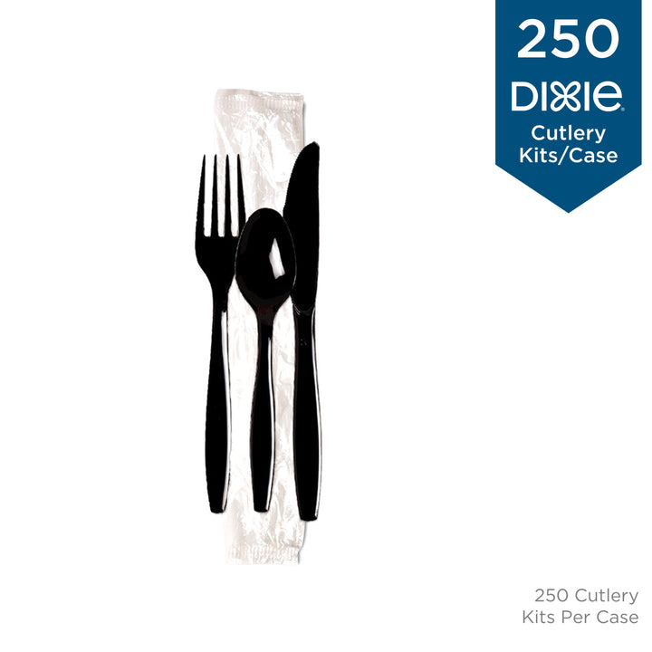 Dixie Heavy Weight Black Individually Wrapped Cutlery Kit- Plastic Knife-Fork-And Teaspoon-250 Count-1/Case