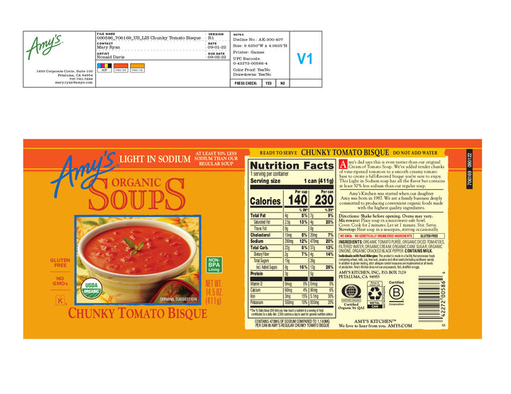 Amy's Tomato Bisque Chunky Lite Sodium-14.5 oz.-12/Case