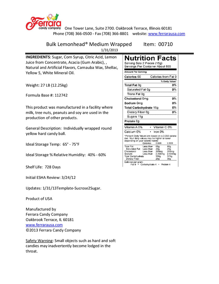 Lemonhead Medium Candy Individually Wrapped Bulk-27 lb.-1/Case
