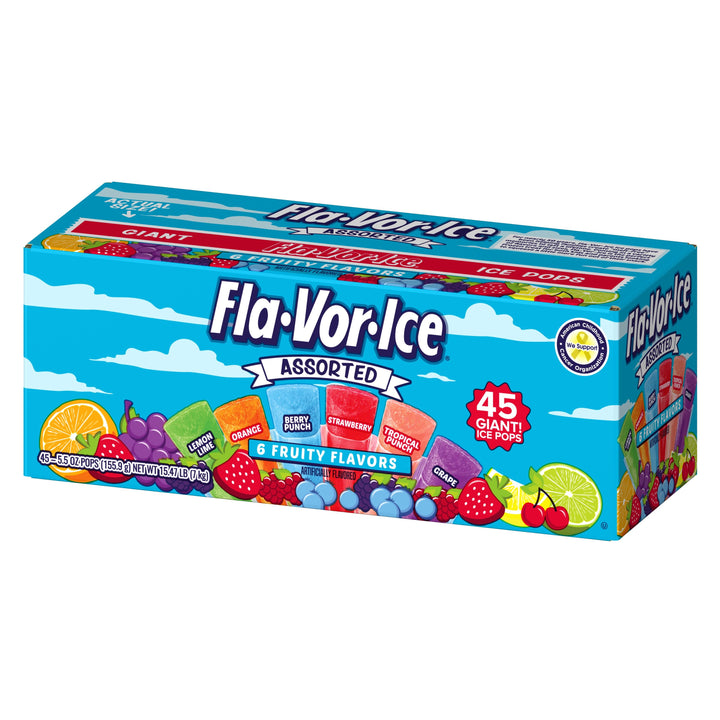 Flavor Ice Giant Lemon Lime-Orange-Berry Punch-Strawberry-Tropical Punch-And Grape Assorted Freezer Bars-5.5 oz.-45/Case