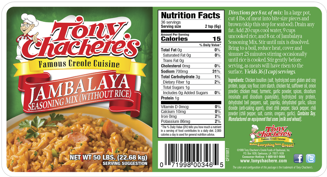 Tony Chachere's Creole Foods Jambalaya Seasoning Without Rice-50 lb.