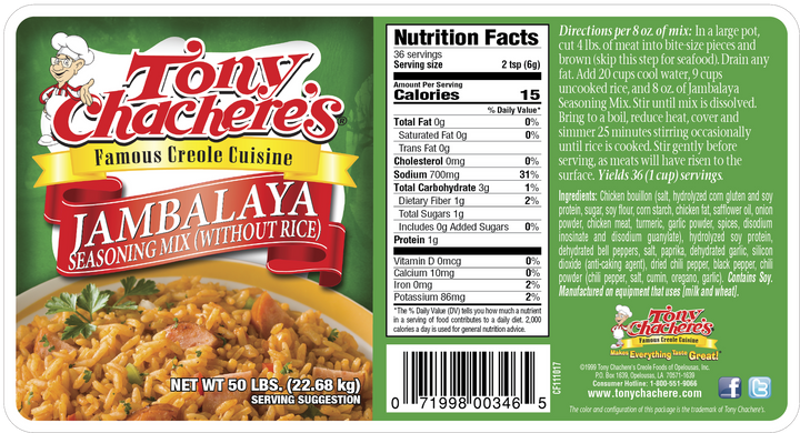 Tony Chachere's Creole Foods Jambalaya Seasoning Without Rice-50 lb.
