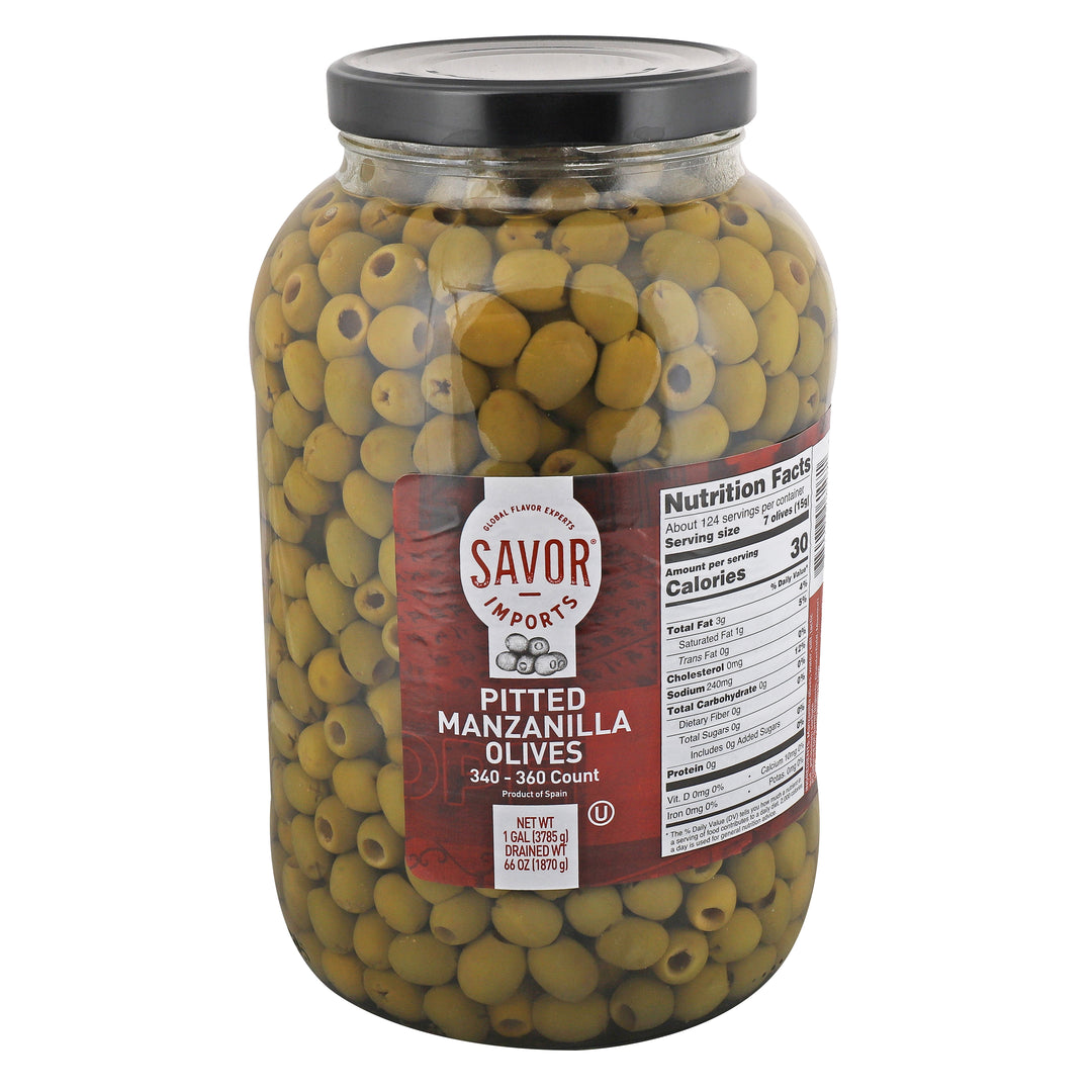 Savor Imports Pitted Manzanilla Olives-340/360 Count-1 Gallon- 4/Case-1 Gallon-4/Case