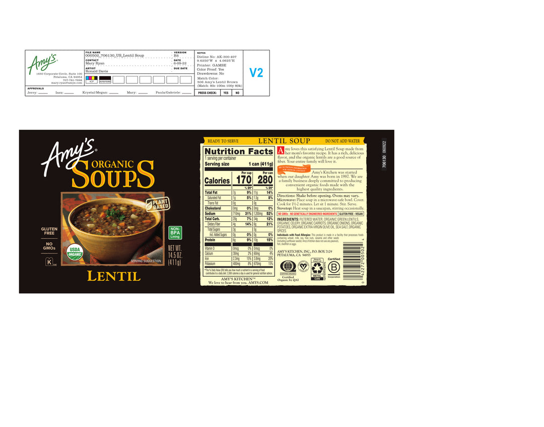 Amy's Soup Lentil Organic-14.5 oz.-12/Case