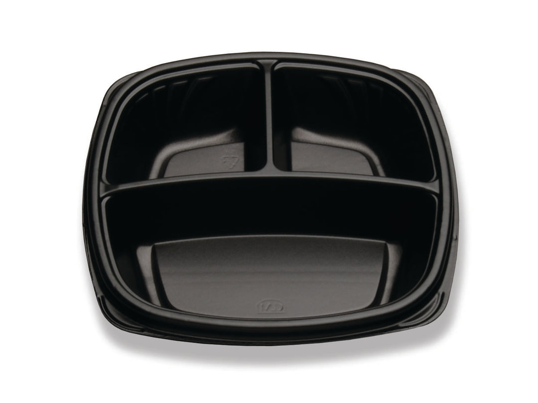 D & W Fine Pack Forum 9" 3 Compartment-Black-Deep-Square Base Container-75 Each-75/Box-4/Case
