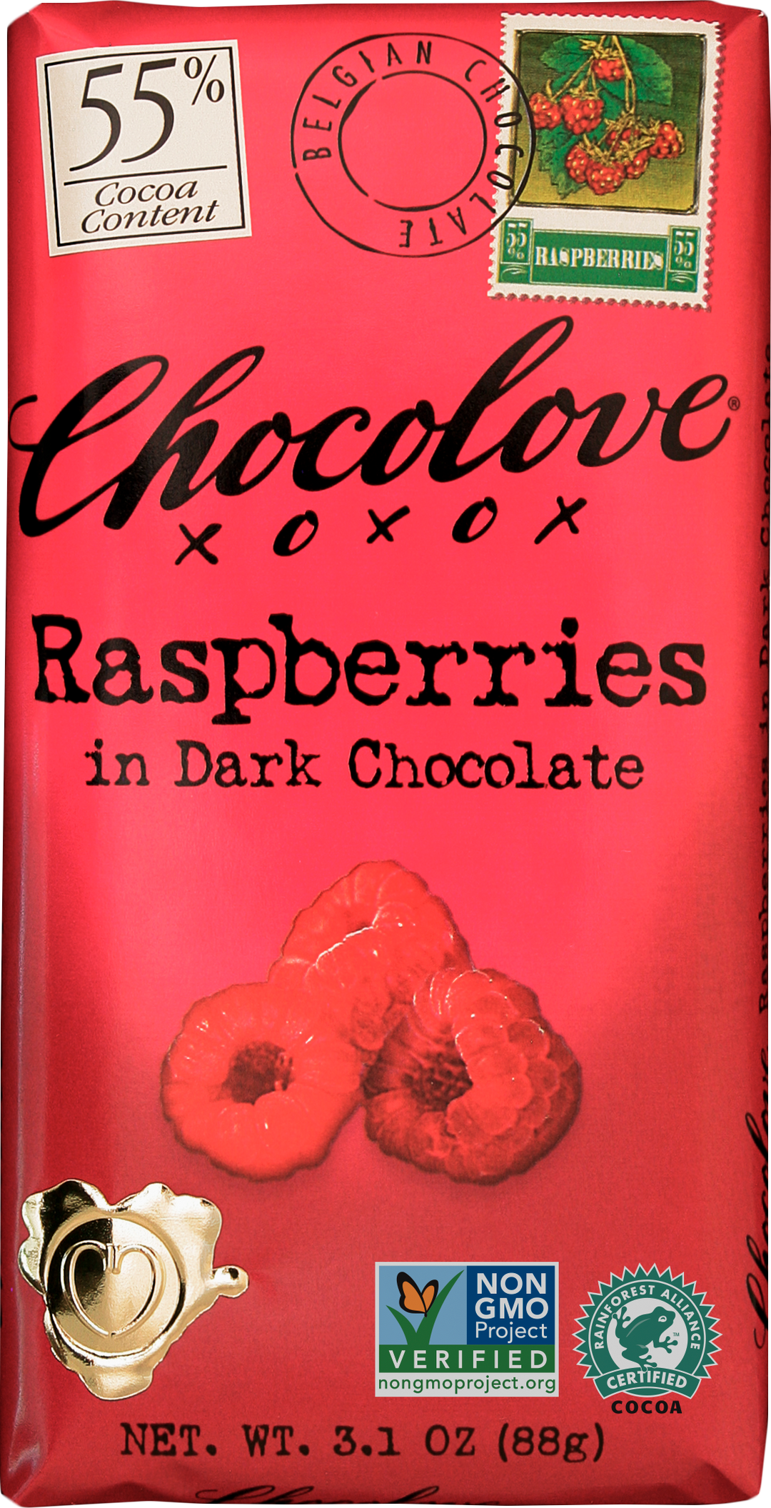 Chocolove Raspberries In Dark Chocolate-3.1 oz.-12/Box-12/Case