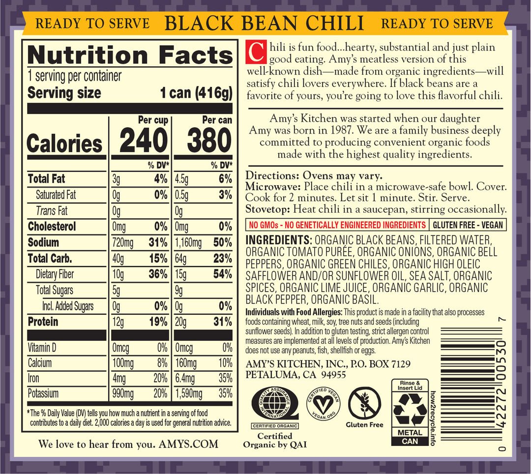 Amy's Black Bean Chili Organic-14.7 oz.-12/Case