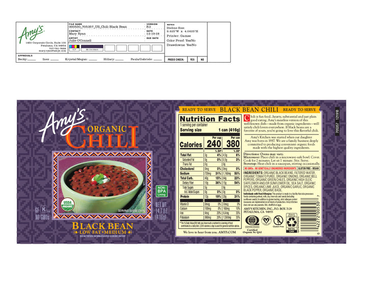 Amy's Black Bean Chili Organic-14.7 oz.-12/Case