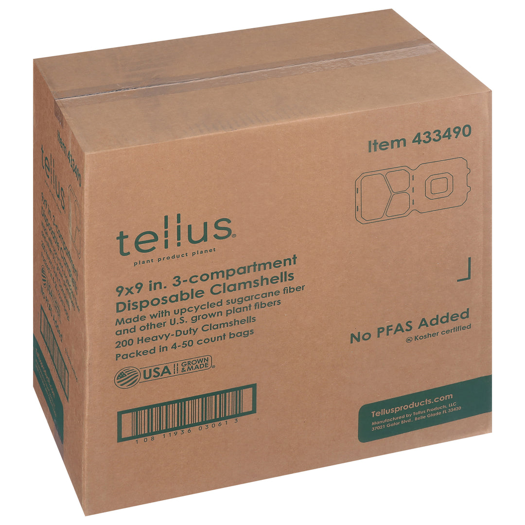 Tellus 9" X 9" 3 Compartment Clamshell No Pfas Added-4 Each-1/Case