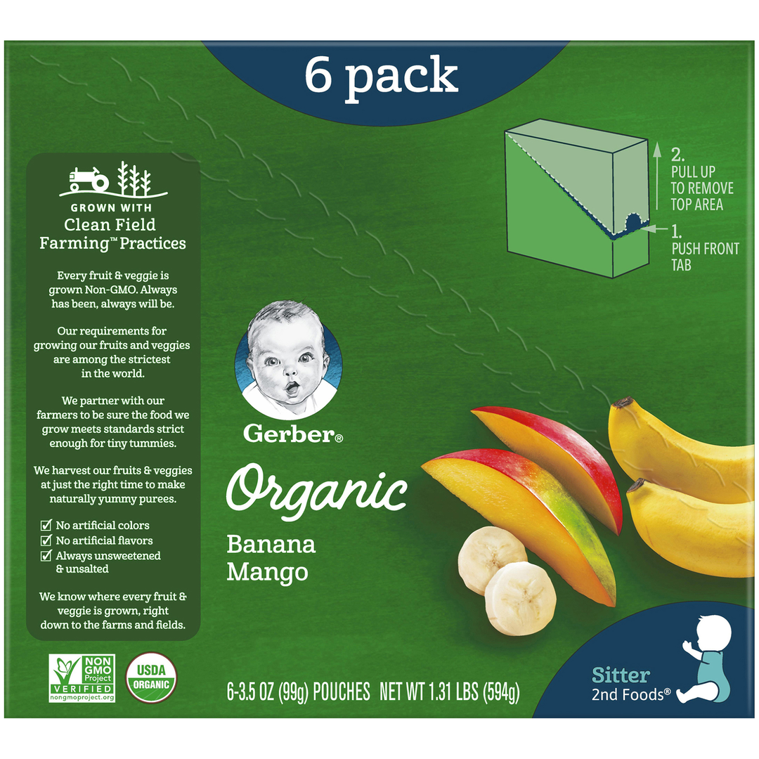 Gerber Organic Non-Gmo Banana Mango Puree Baby Food Pouch-3.5 oz.-6/Box-2/Case