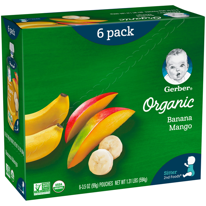 Gerber Organic Non-Gmo Banana Mango Puree Baby Food Pouch-3.5 oz.-6/Box-2/Case