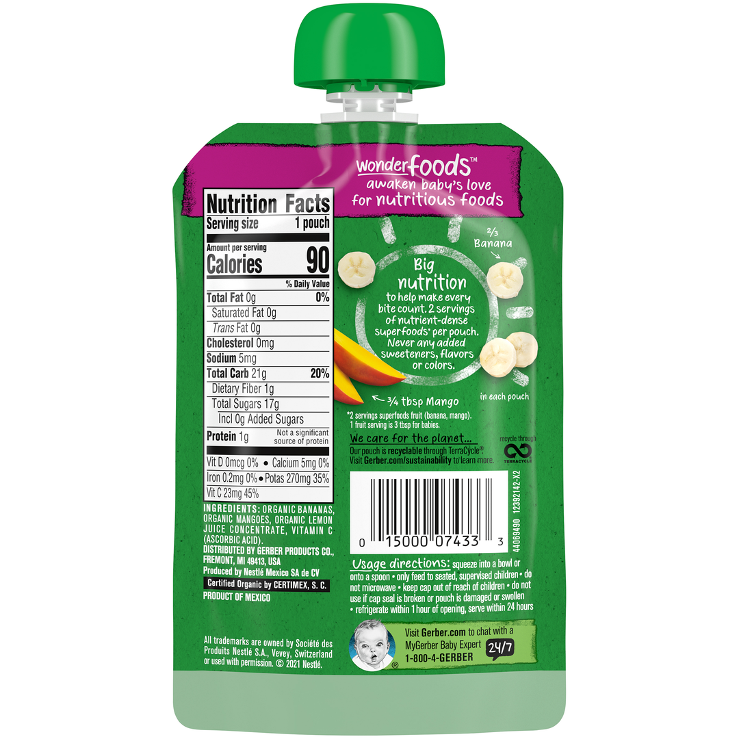 Gerber Organic Non-Gmo Banana Mango Puree Baby Food Pouch-3.5 oz.-6/Box-2/Case