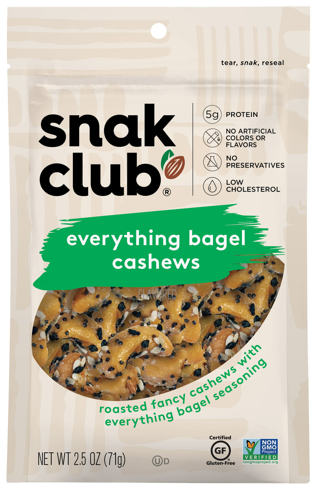 Snak Club Resealable Everything Bagel Cashews-2.5 oz.-6/Case