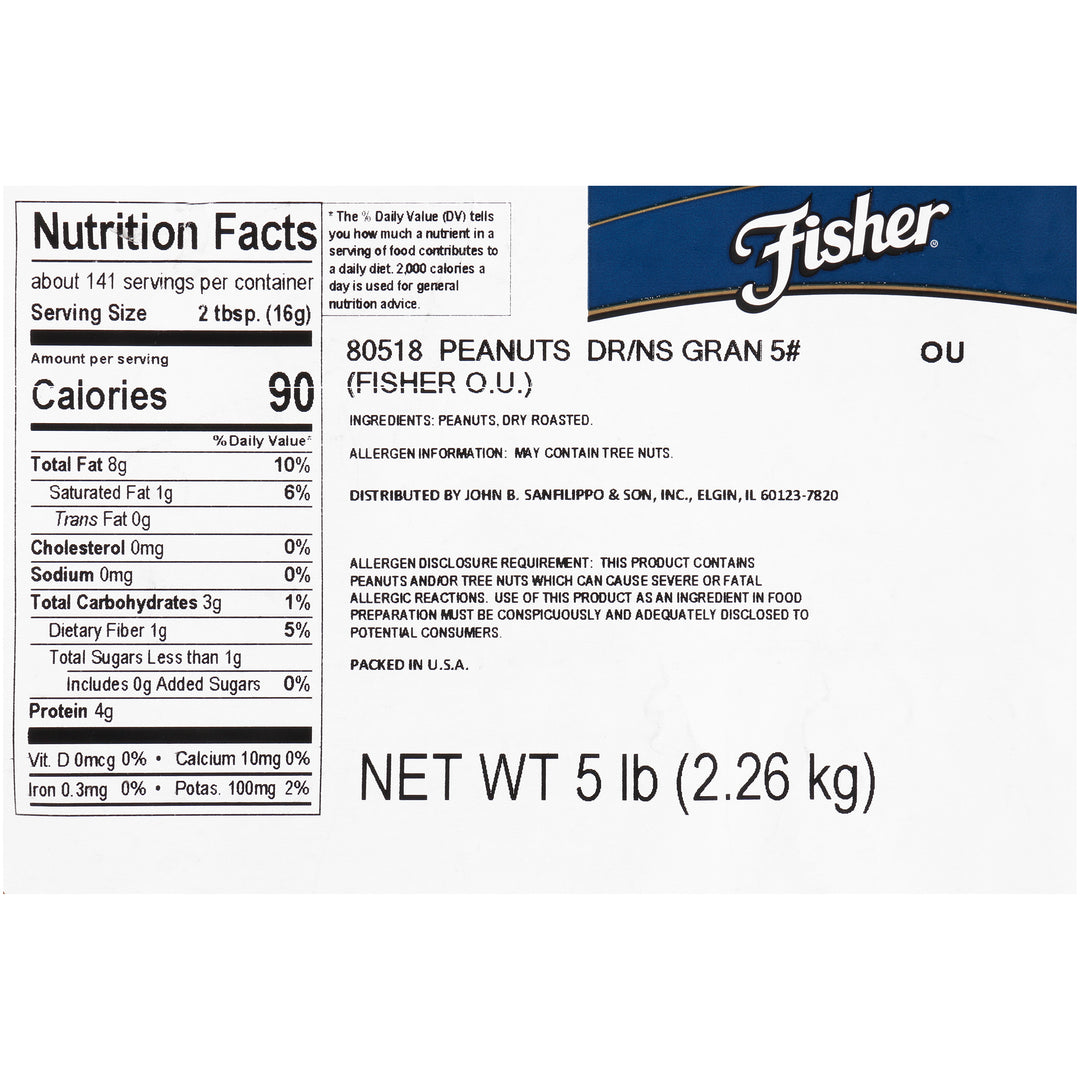 Fisher Granulated Dry Roasted Unsalted Peanuts-5 lb.-1/Case