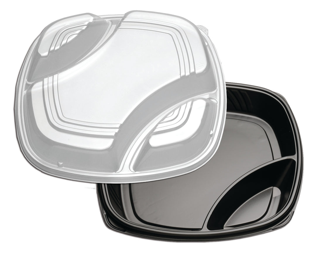 D & W Fine Pack Forum 16" 3 Compartment-Black/Clear-Deep Tray With High Dome Lid Combo Pack-25 Each-25/Box-1/Case