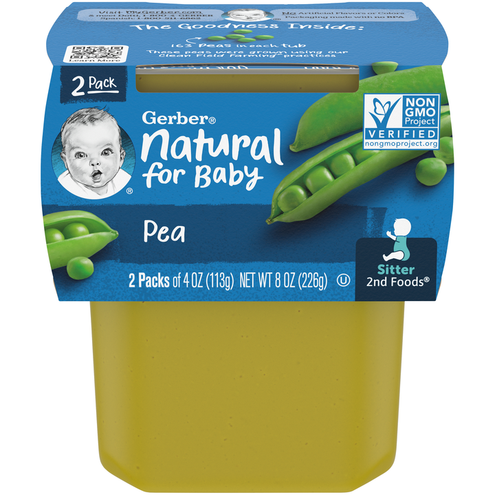 Gerber Natural For Baby Non-Gmo Pea Puree Baby Food Tub-2X 4 Oz Tubs-8 oz.-8/Case
