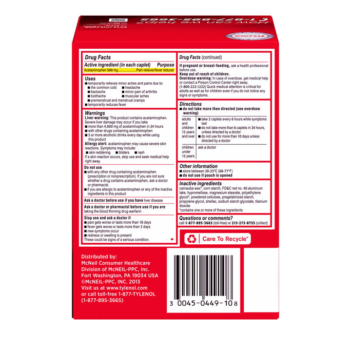 Tylenol Extra Strength Acetaminophen Caplets-100 Count-36/Case