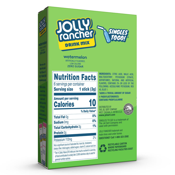 Jolly Rancher Watermelon Low Calorie Drink Mix Singles To Go-6 Count-12/Case