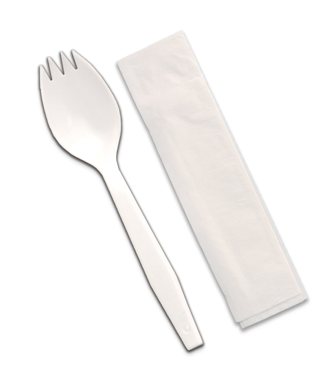 D & W Fine Pack Senate 10 Inch X 10 Inch White 1 Ply Napkin White Spork Cutlery Kit-1000 Each-1000/Box-1/Case