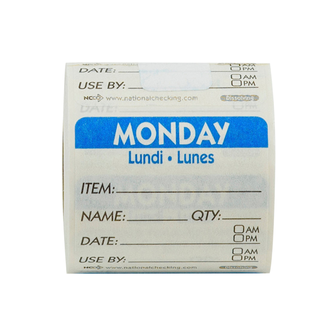 Ncco Trilingual Dissolvable Labels Monday 2"X2" Item-Date-Use By-250 Each