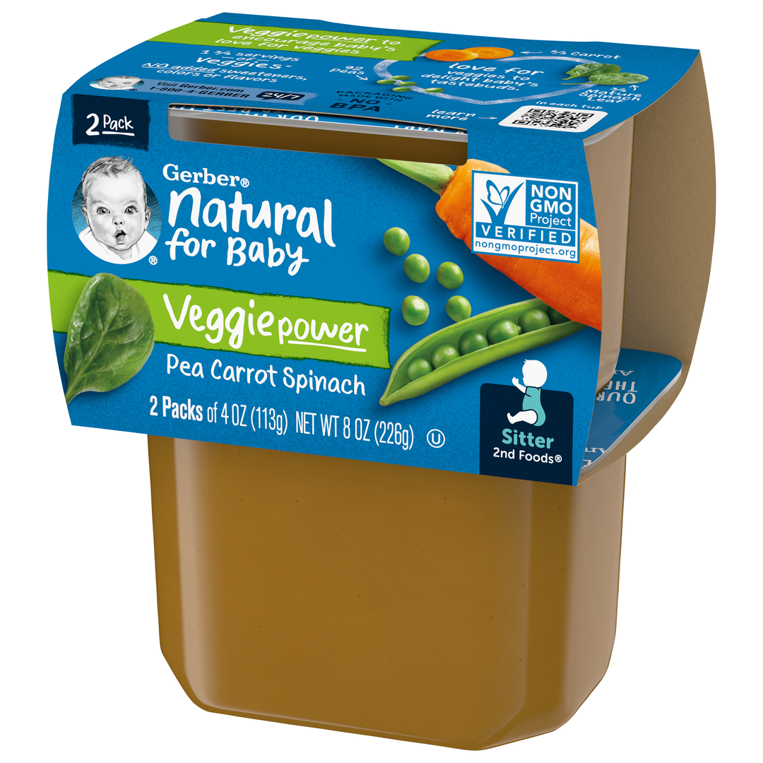 Gerber Natural For Baby Non-Gmo Pea Carrot Spinach Puree Baby Food Tub-2X 4 Oz Tubs-8 oz.-8/Case