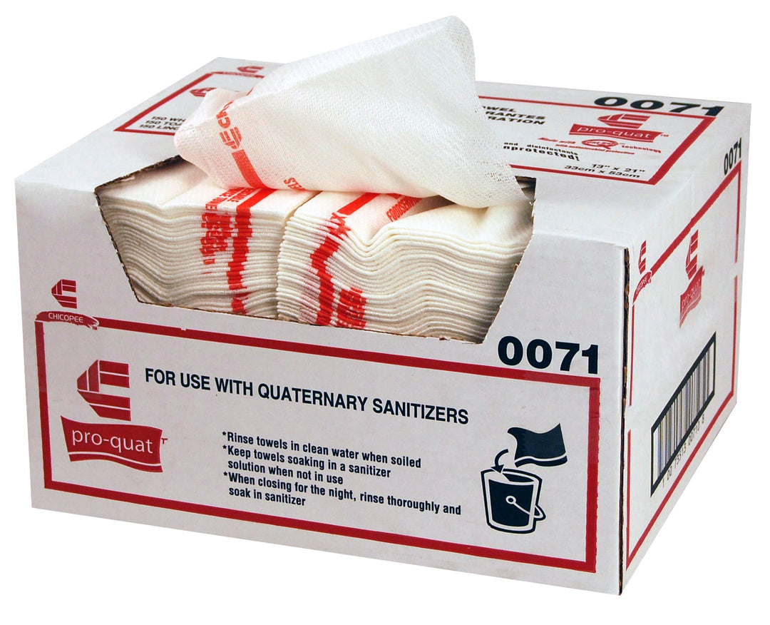 Chicopee Chix 13" X 21" Pro-Quat Foodservice-White With Red Print-Medium-Heavy Duty Towel With Microban-1 Piece-150/Box-1/Case