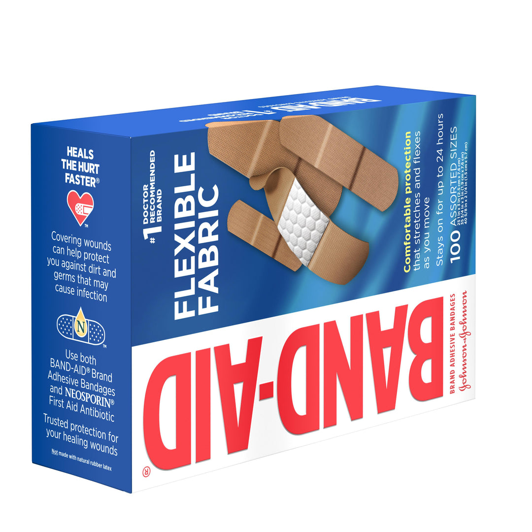 Band Aid Flexible Fabric Assorted Sizes Bandages Box-100 Count-3/Box-4/Case