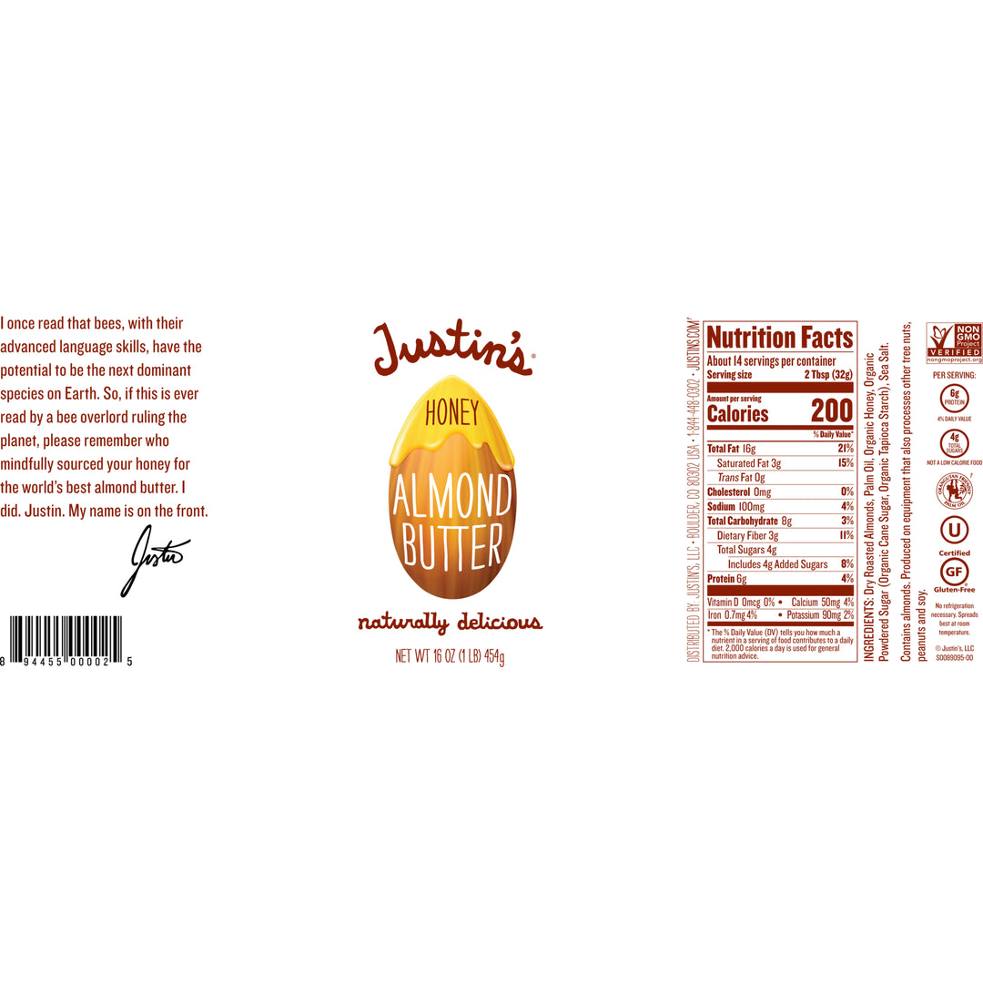 Justin's Almond Butter Honey-16 oz.-6/Case