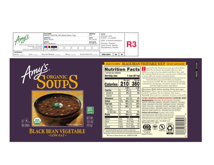 Amy's Soup Black Bean Vegetable Organic-14.5 oz.-12/Case