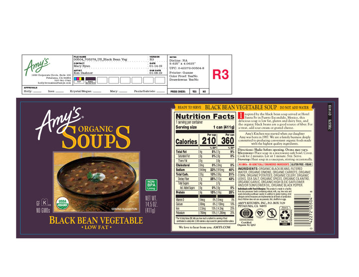 Amy's Soup Black Bean Vegetable Organic-14.5 oz.-12/Case