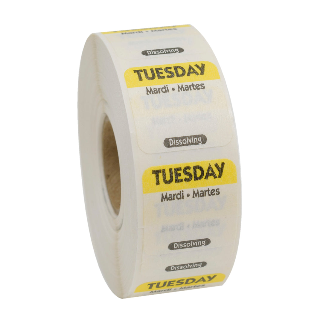 National Checking 1 Inch X 1 Inch Trilingual Yellow Tuesday Dissolvable Label-1000 Each