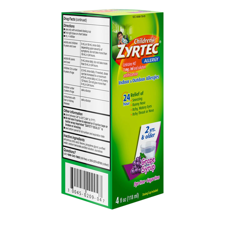 Zyrtec Allergy Sugar Free Dye Free Grape Syrup Bottle-4 fl oz.-3/Box-12/Case