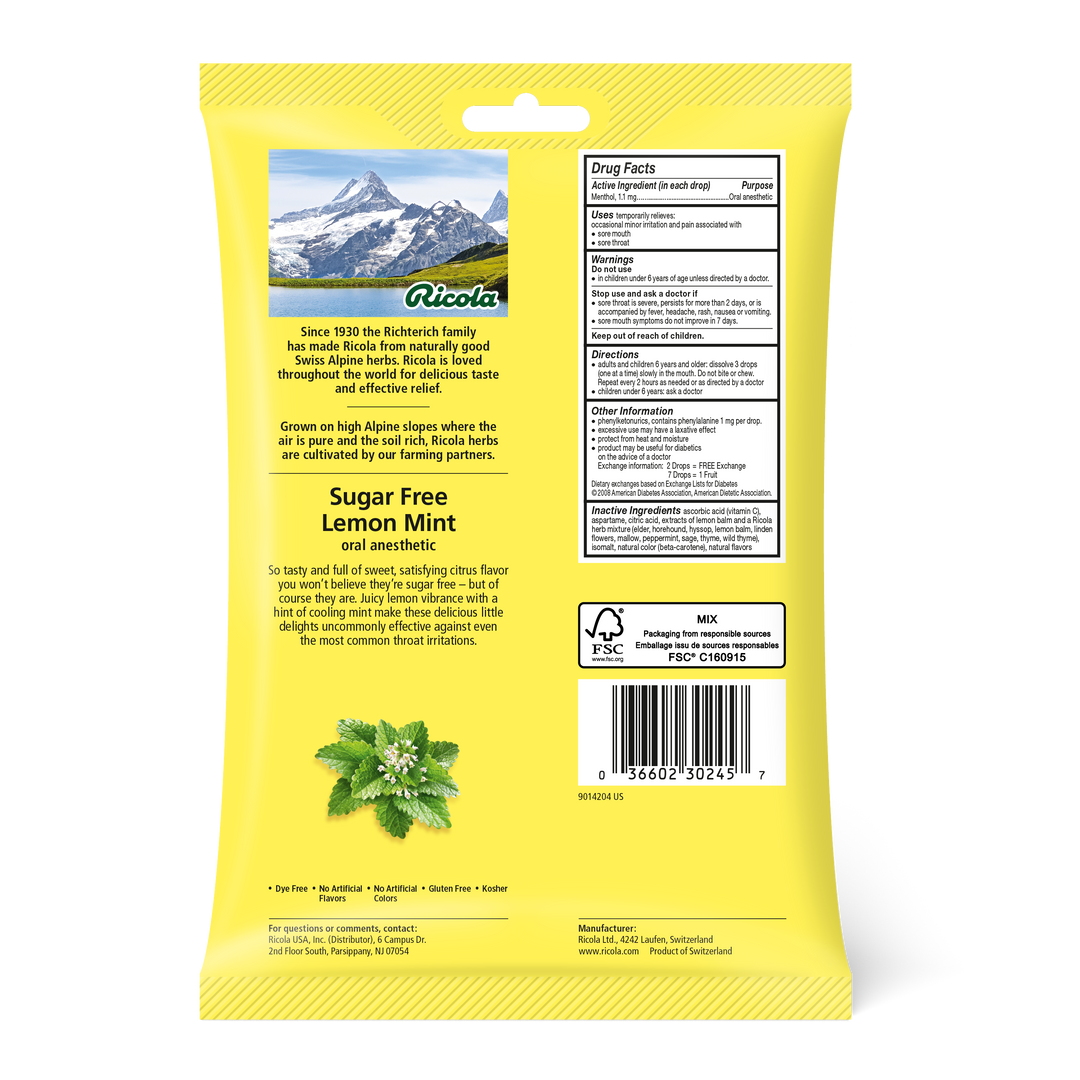 Ricola Sugar Free Unsweetened Lemonmint Bags Cough Drops-45 Count-6/Box-6/Case
