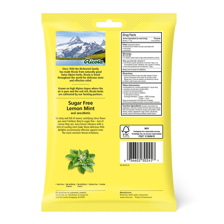 Ricola Sugar Free Unsweetened Lemonmint Bags Cough Drops-45 Count-6/Box-6/Case