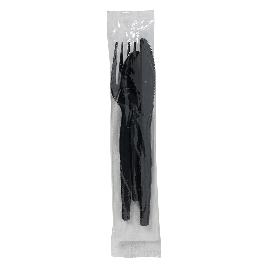 Dixie Heavy Weight Polystyrene Knife-Fork-Teaspoon-And Napkin Black Individually Wrapped Cutlery Kit-250 Count-1/Case