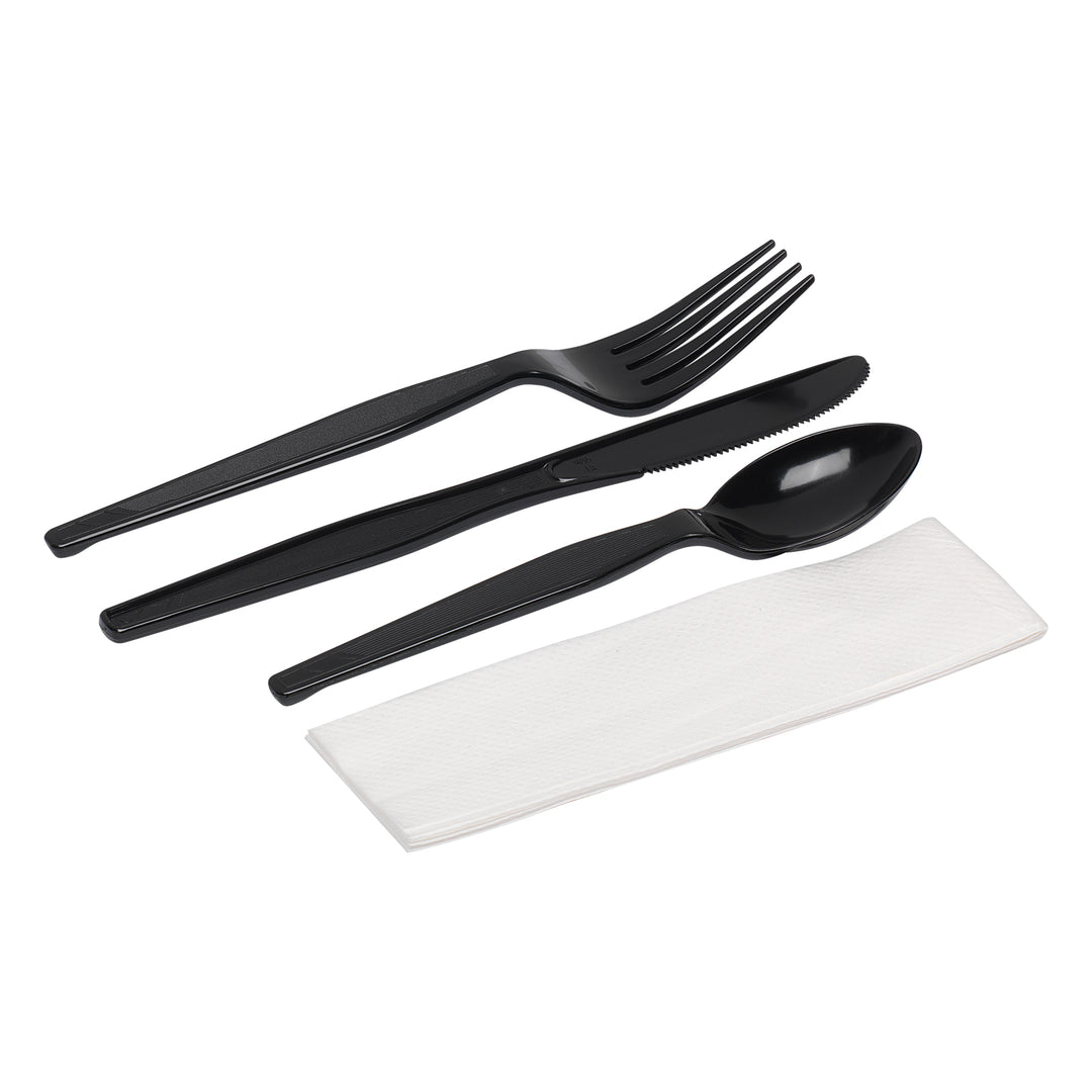Dixie Heavy Weight Polystyrene Knife-Fork-Teaspoon-And Napkin Black Individually Wrapped Cutlery Kit-250 Count-1/Case